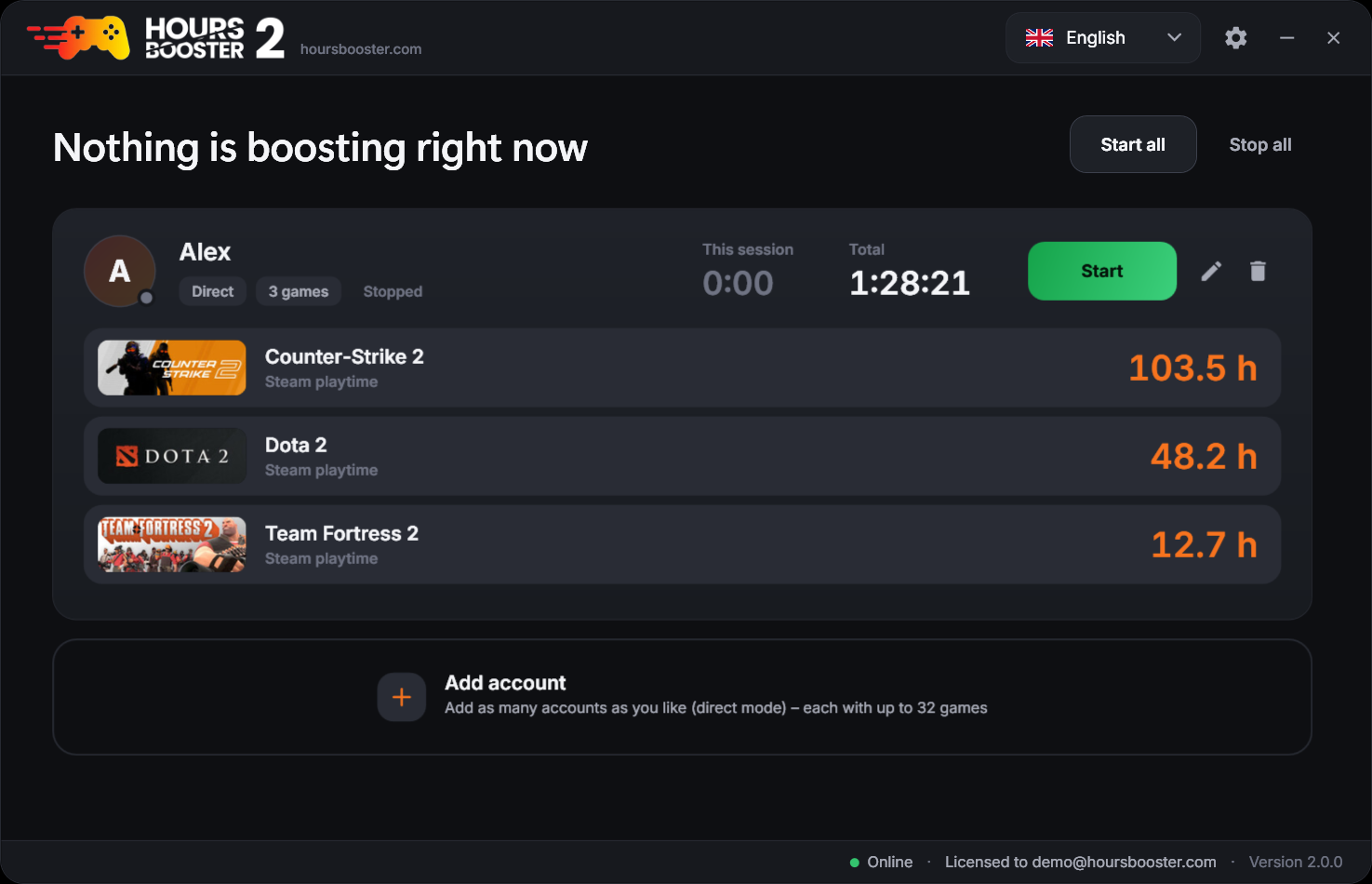 Hours Booster 2 – main window in the dark theme