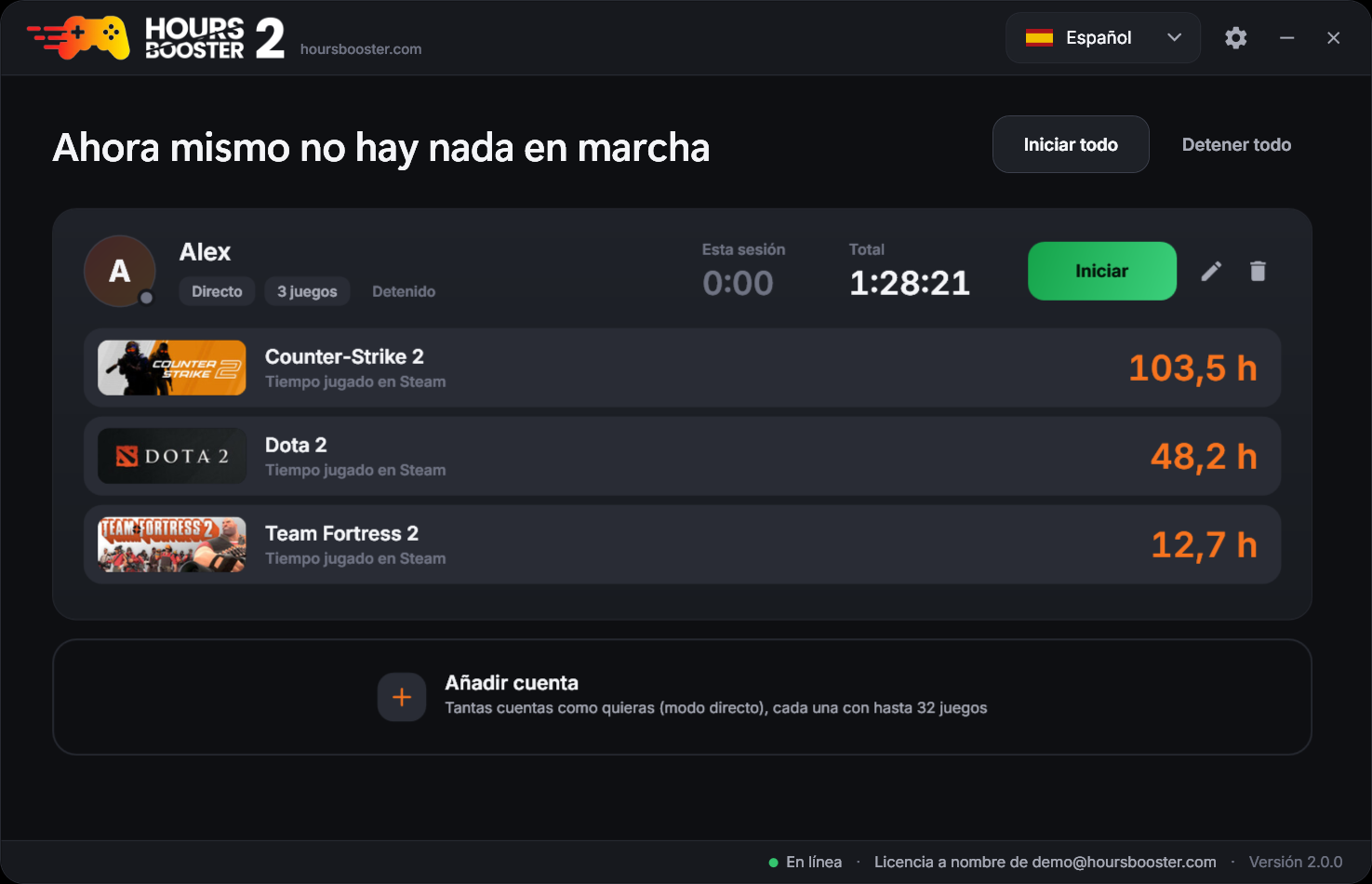 Hours Booster 2 – ventana principal en el tema oscuro