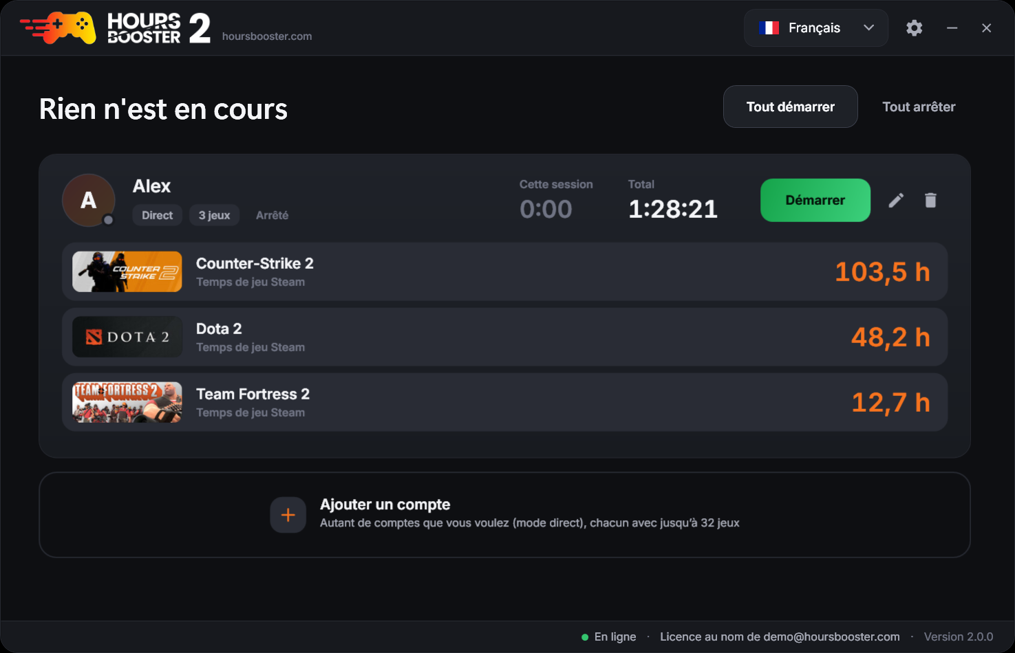 Hours Booster 2 – fenêtre principale en thème sombre