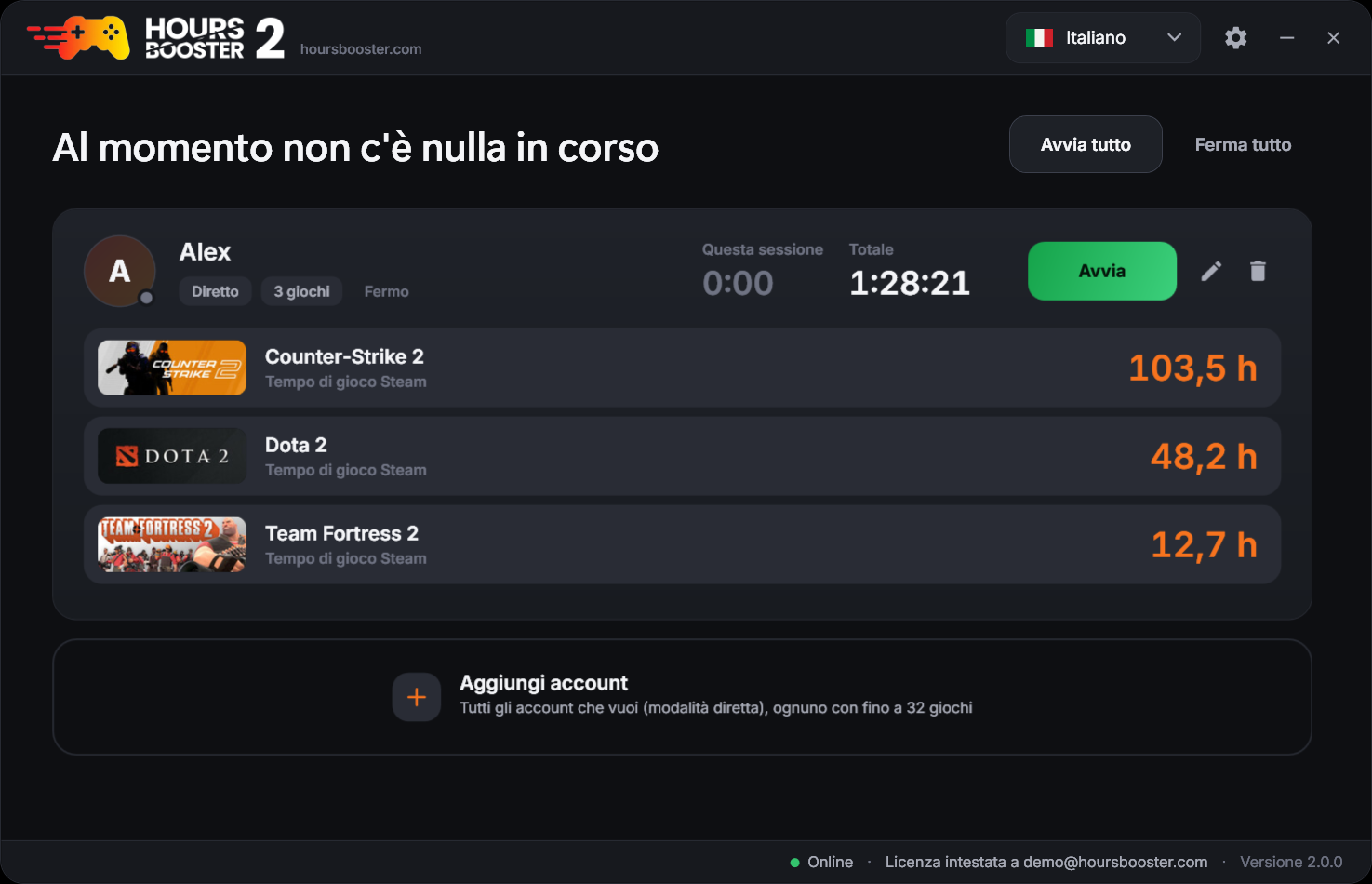 Hours Booster 2 – finestra principale nel tema scuro