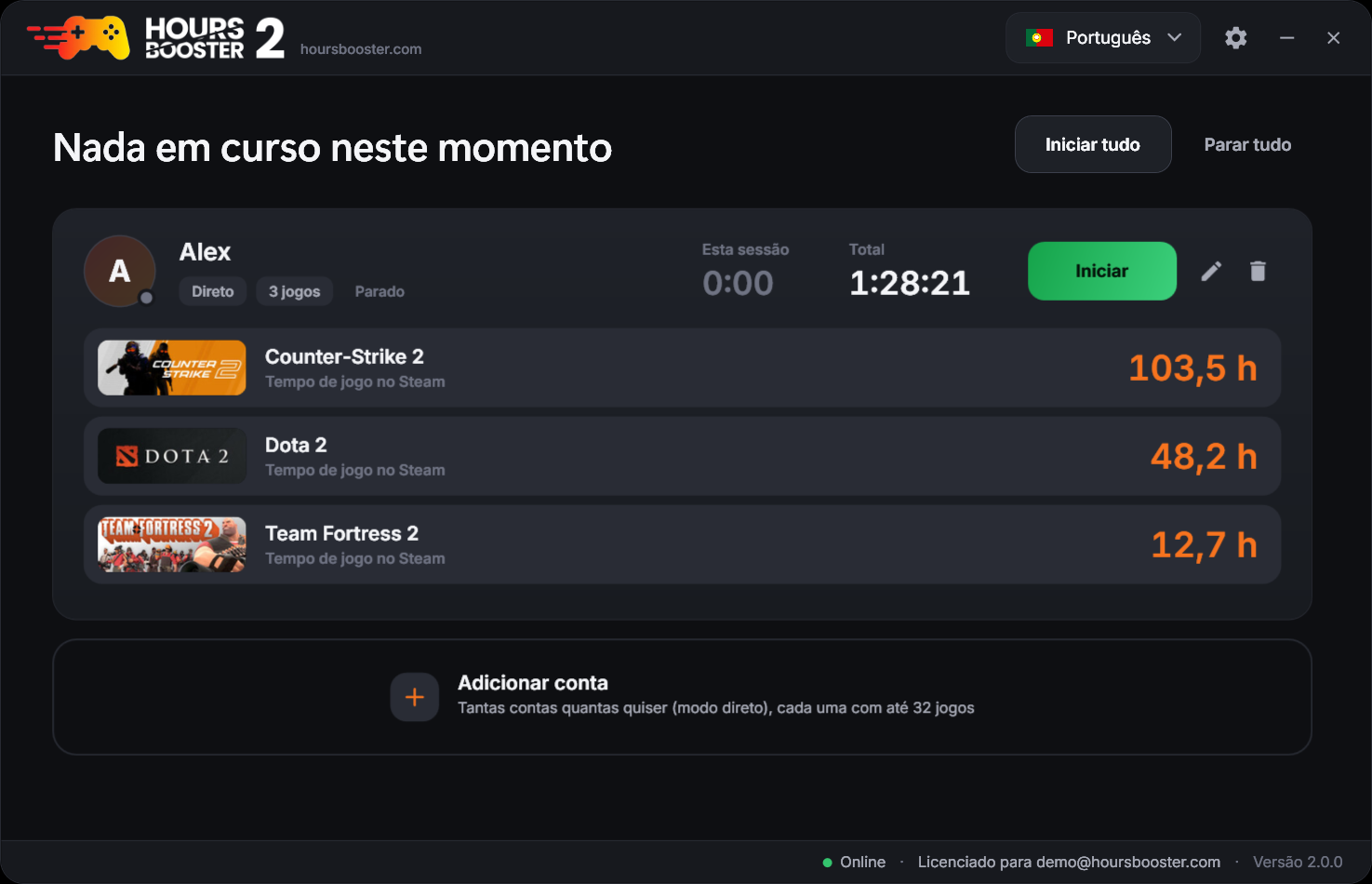 Hours Booster 2 – janela principal no tema escuro