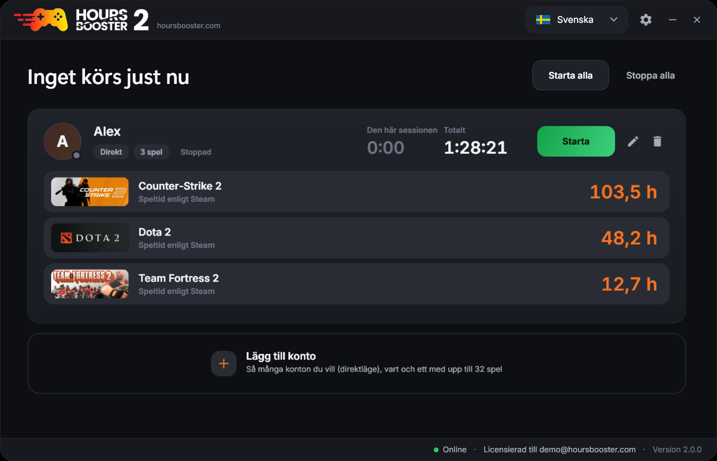Hours Booster 2 – huvudfönstret i mörkt tema