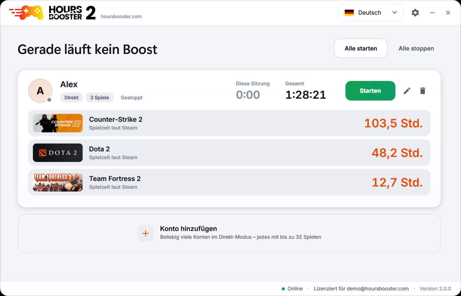 Hours Booster 2 – Hauptfenster im hellen Design