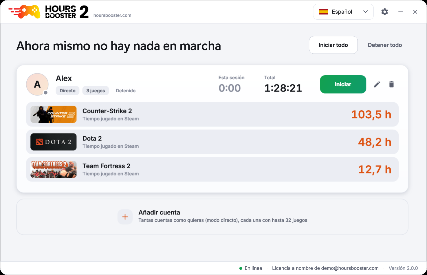 Hours Booster 2 – ventana principal en el tema claro