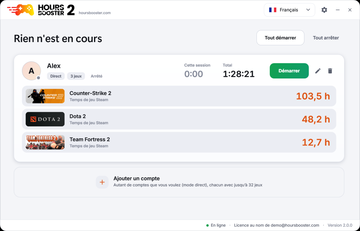 Hours Booster 2 – fenêtre principale en thème clair