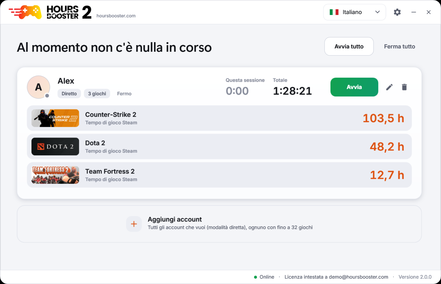 Hours Booster 2 – finestra principale nel tema chiaro