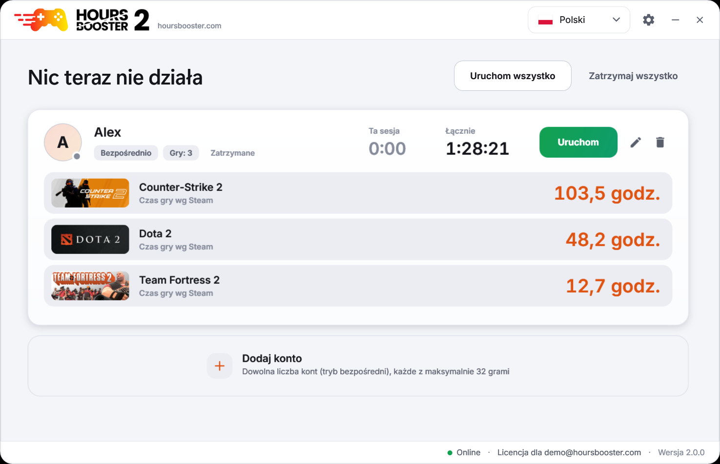 Hours Booster 2 – okno główne w jasnym motywie
