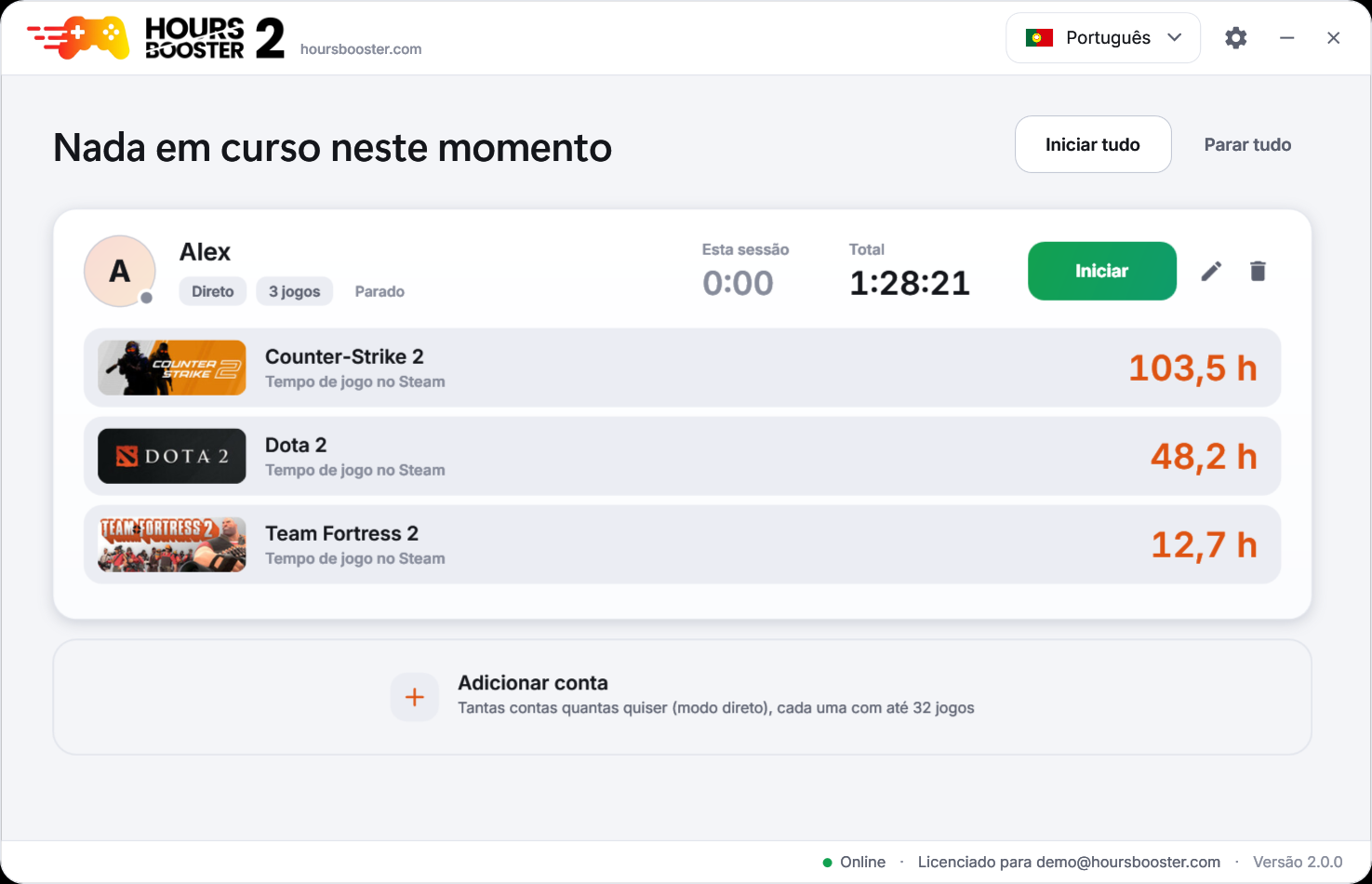 Hours Booster 2 – janela principal no tema claro