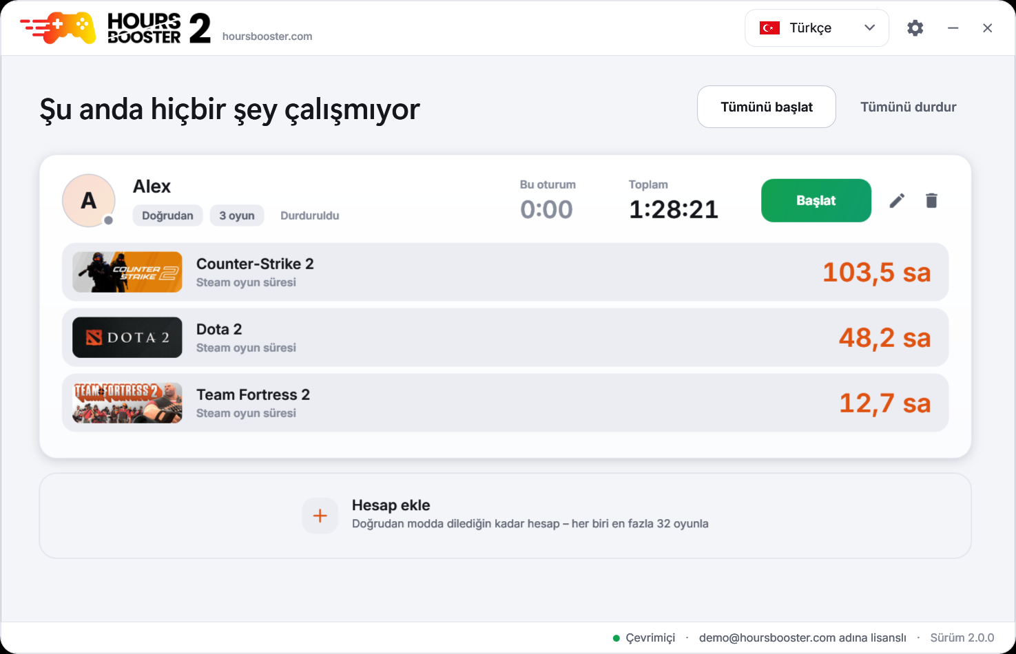 Hours Booster 2 – açık temada ana pencere